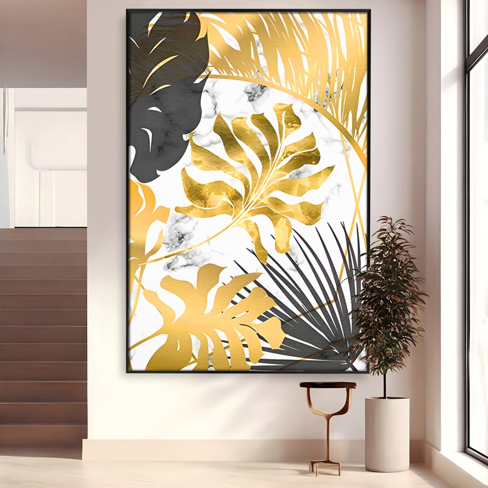 Tablou canvas cu tablou canvas cu frunze tropicale, in rama de aluminiu negru